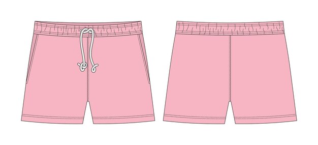 Vector lege korte broek broek technische schets ontwerpsjabloon perzik roze kleur casual korte broek met zakken en kant