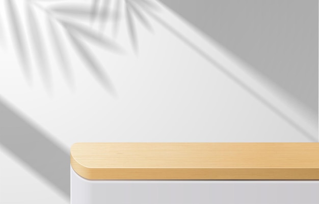 Lege minimale houten tafel, houten podium op witte achtergrond met schaduwbladeren. voor productpresentatie, mock-up, weergave van cosmetische producten, podium, podiumvoetstuk of platform. 3D-vector