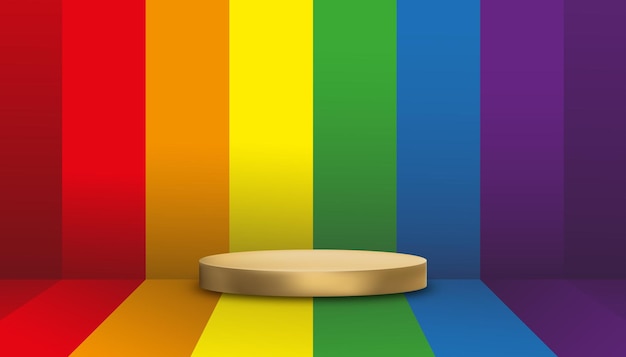 Lege muur studio kamer met gouden podium Rainbow pride LGBT vlag achtergrond