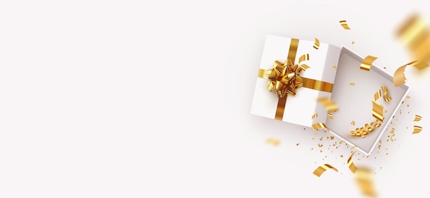 Lege Open geschenkdoos sjabloon. Xmas ontwerp Realistische decoratieve objecten. Verkoopbanner, verrassingsposter, flyer en brochure. mock-up vakantie. Vier verjaardag, jubileum, bruiloft. platliggend, bovenaanzicht
