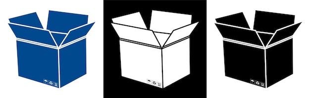 Lege open kartonnen doos met borden voor opslagcondities levering en transport van goederen uit winkels pictogram voor de website zwart-wit vector