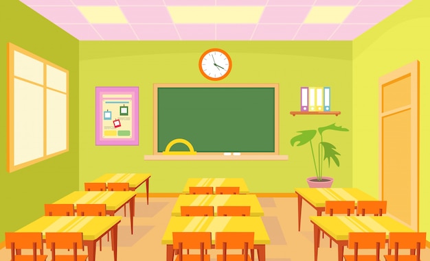 Lege school klas kamer interieur in heldere pastelkleuren met bord en bureaus voor kinderen in cartoon vlakke stijl.