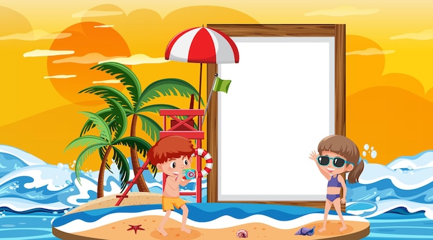 Lege sjabloon voor spandoek met kinderen op vakantie bij de zonsondergang op het strand