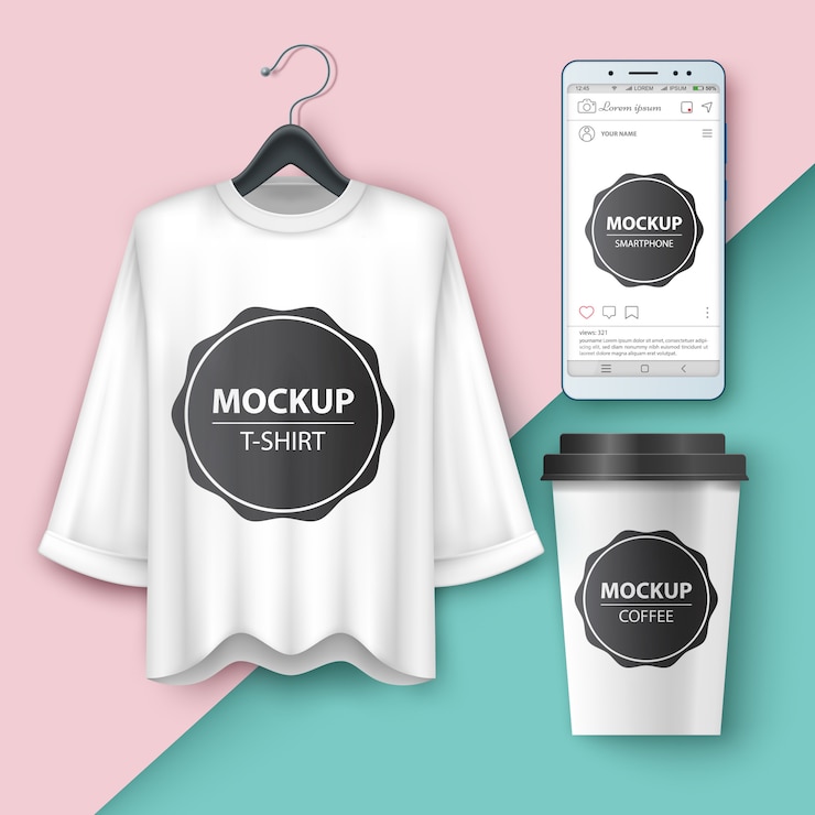 Vector lege t-shirt, smartphone, kopje koffie zetten
