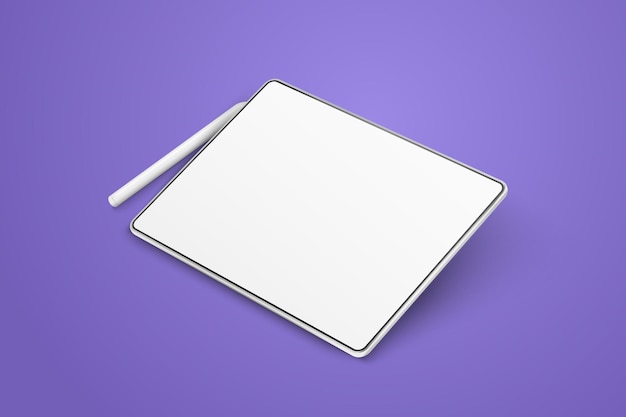 Lege tablet en pen op een violette achtergrond gedraaide positie Apparaat in perspectiefweergave