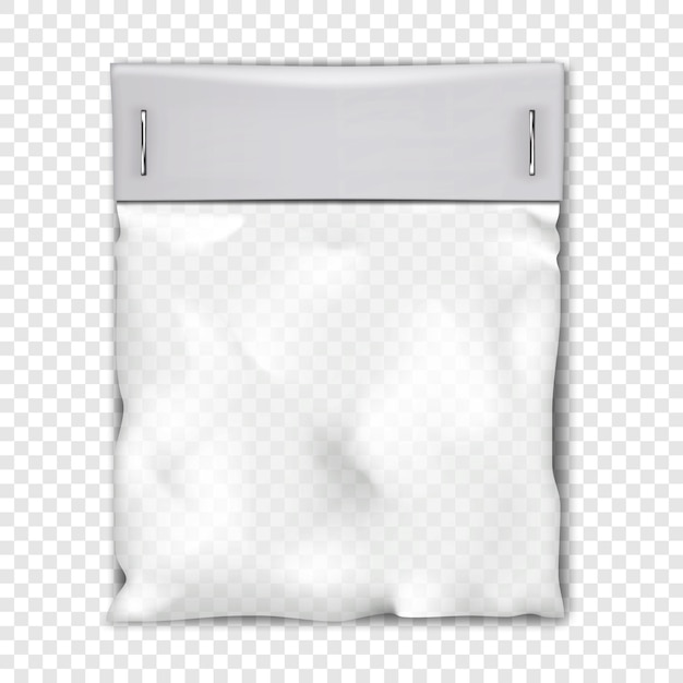Vector lege vierkante doorzichtige plastic zak met witte blanco papieren bovenkant transparant nylon pakketmodel