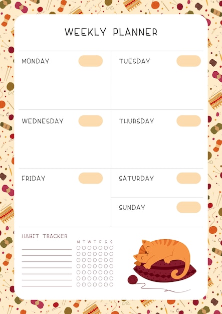 Lege weekplanner voor kinderen met schattige kattenslaap op kussen
