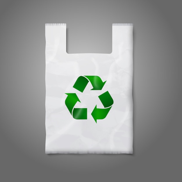 Vector lege witte plastic zak met groen recyclingteken, op grijs voor uw en branding.