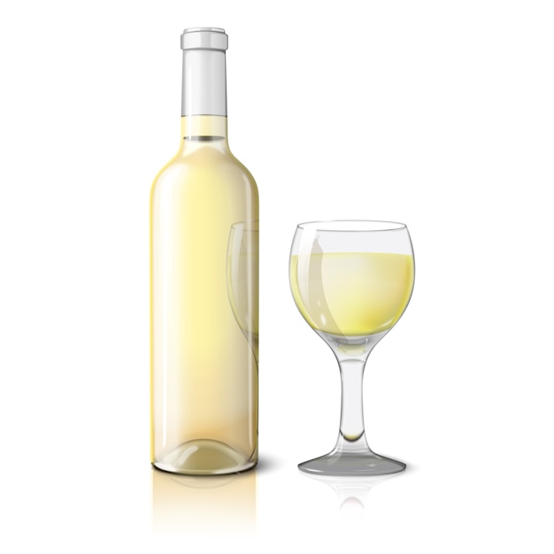 Lege witte realistische fles voor witte wijn met een glas wijn