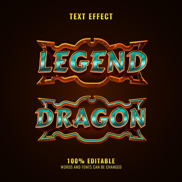 Legende en drakenfantasie middeleeuws rpg-spel logo teksteffect met frame