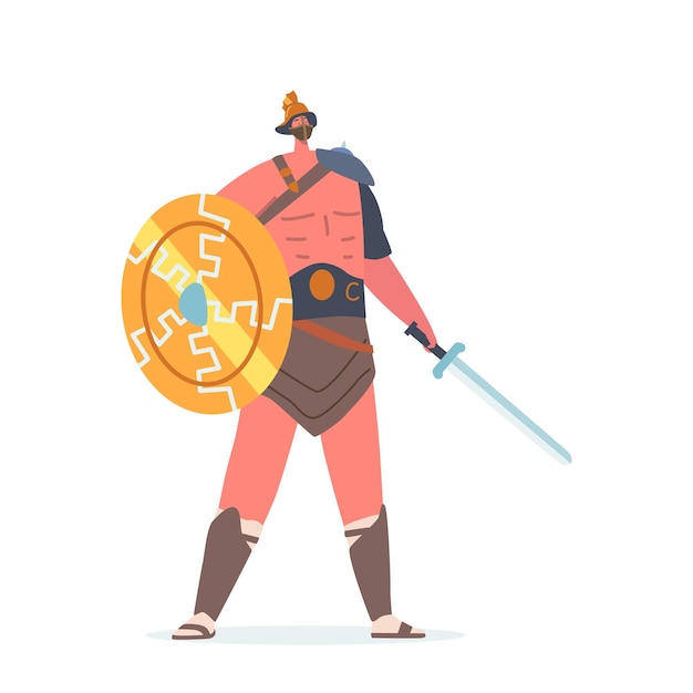 Vettore soldato legionario, guerriero romano gladiatore con torso nudo tenendo la spada e lo scudo isolati su sfondo bianco. storia antica, personaggio maschile spartano con armatura. fumetto illustrazione vettoriale