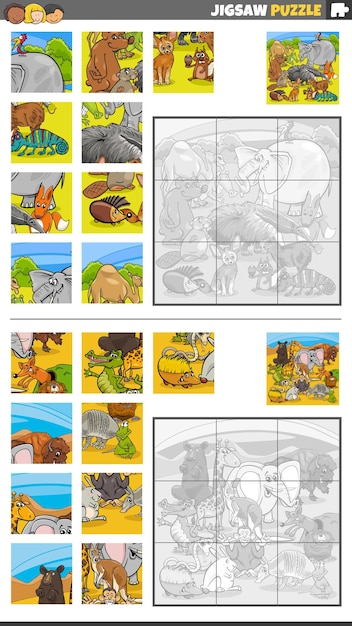 Vector legpuzzelactiviteiten met stripfiguren van wilde dieren