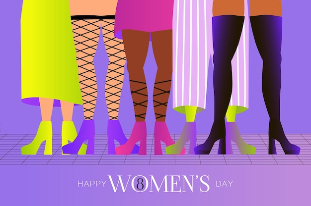 Vector legs of beautiful young women high heels different women stand side by side together international women's day march 8 spring bright modern color