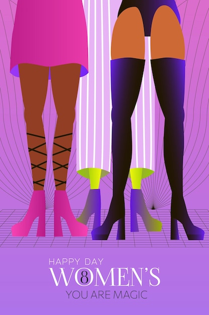 Legs of beautiful young women High Heels Different women stand side by side together International Women's Day March 8 Spring Bright modern color