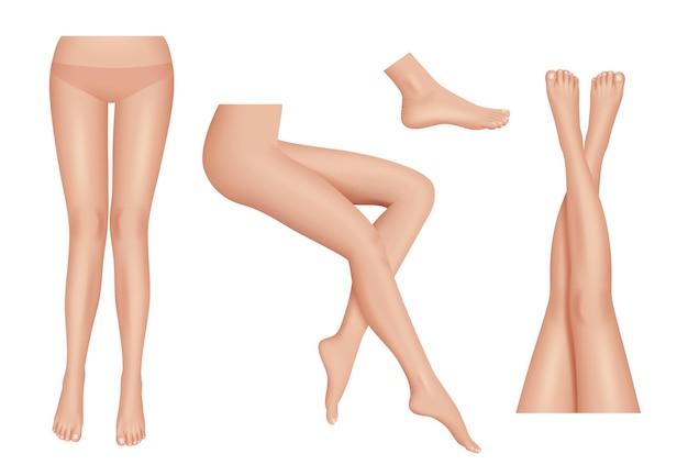 Vettore gambe realistiche. bellezza donna gambe parti del corpo pulito insieme sano. corpo di parti femminili di piedi, illustrazione nuda attraente della signora