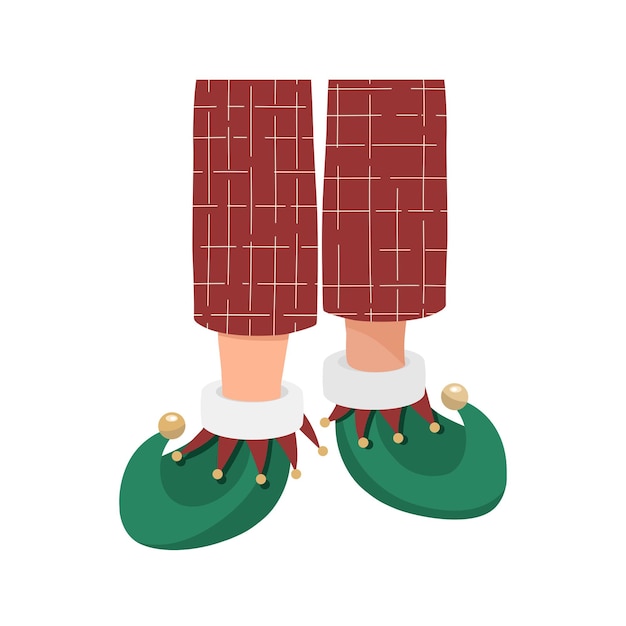 Legs in red pajamas with warm slippers. Christmas funny elf slippers. Red checkered pajamas pants.