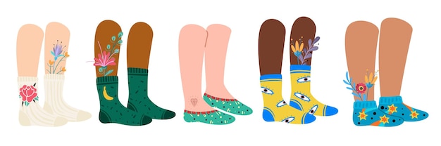 Legs in socks. Female and male feet wearing trendy fashion socks with patterns and flowers. Stylish cotton footwear with bright ornaments isolated vector doodle modern set of cute cozy accessories