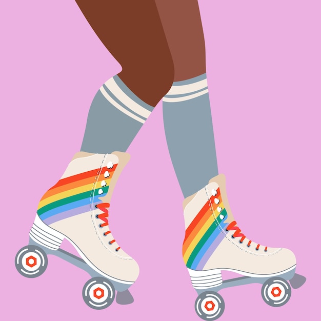 컬러 배경 LGBTQ 개념에 롤러 스케이트를 입은 여성의 다리