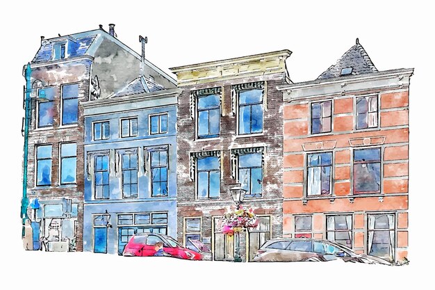 Leiden nederland aquarel hand getrokken illustratie geïsoleerd op witte achtergrond