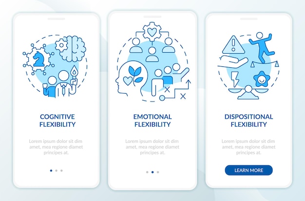 Leider flexibele typen blauwe onboarding mobiele app-scherm