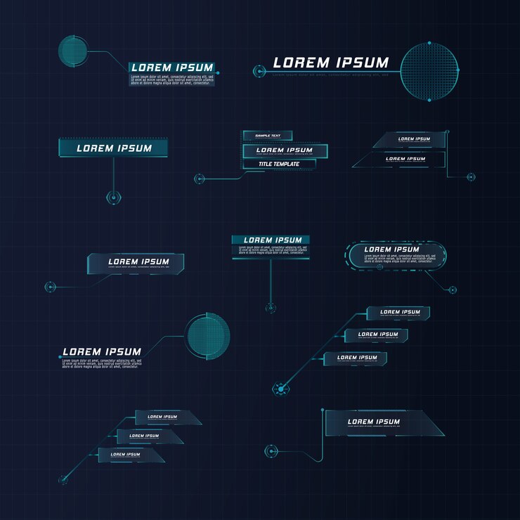 Leider van de futuristische stijl roept HUD op. Moderne digitale sjablonen die van toepassing zijn op framelay-out. Informatieoproepen en pijlen. De interface van de elementen van de grafische set.
