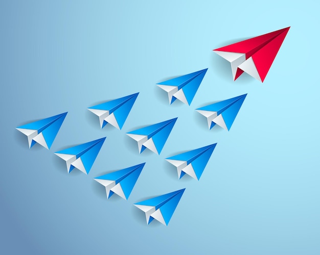 Leiderschapsconcept gevisualiseerd met origami gevouwen vliegtuigspeelgoed, een van hen vliegt vooraan en leidt de teamgroep, vector moderne stijl 3d illustratie.