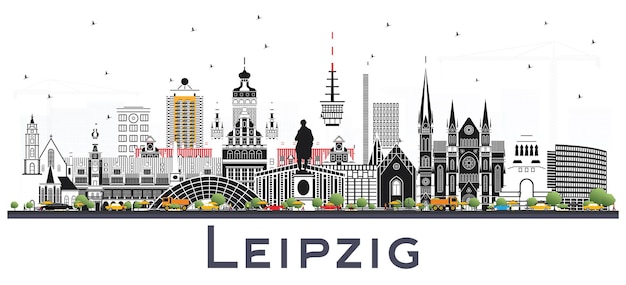 Orizzonte della città di lipsia germania con edifici grigi isolati su bianco. illustrazione di vettore. viaggi d'affari e concetto di turismo con architettura storica. paesaggio urbano di lipsia con punti di riferimento.