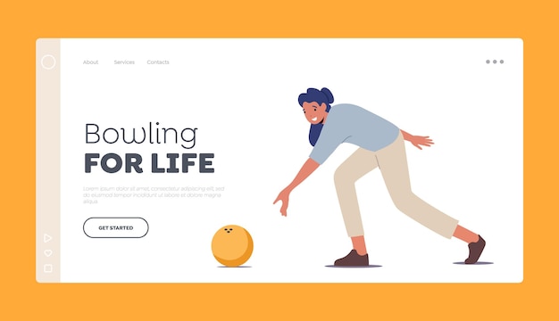 Leisure Active Lifestyle Landing Page Template Female Character Playing Bowling Throw Ball to Hit Pin Woman Activity