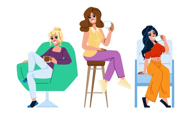레저 커피 여자 의자  ⁇ 터 컵 차 팔 편안한 라이프 스타일 사람 레저 커피 여자 의자 캐릭터 사람들 평평한 만화 일러스트레이션