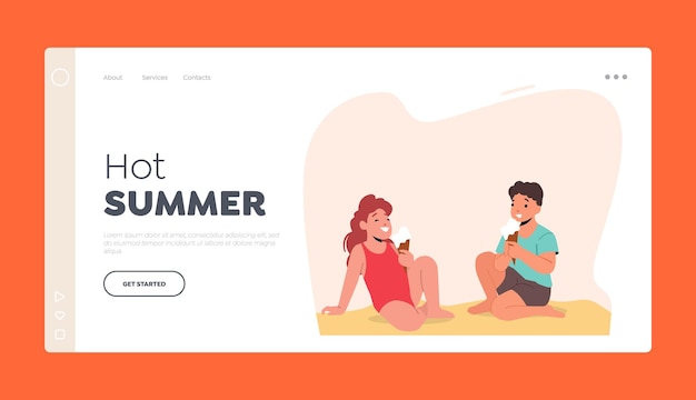 Vector leisure on sea shore landing page template happy children sitting on sand eating ice cream on beach kids activities