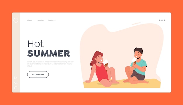 Leisure on sea shore landing page template happy children sitting on sand eating ice cream on beach kids activities