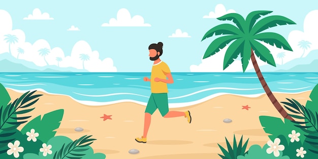 Vector leisure time on beach man jogging summer time