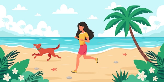 Vector leisure time on beach woman jogging with dog summer time