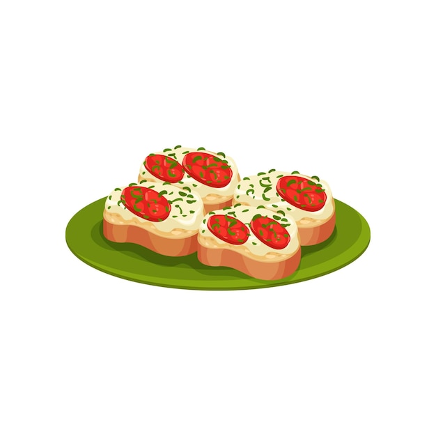Lekker toast met kaasroom en rode tomaten Appetiserende snacks op een groen bord Voedselpictogram Culinair thema Kleurige illustratie in platte stijl geïsoleerd op witte achtergrond Cartoon vectorontwerp