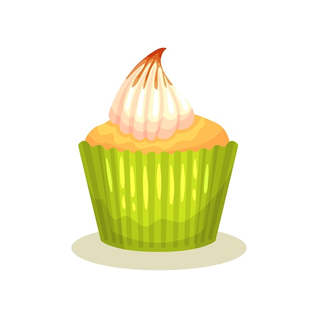 Lekkere citroenmuffin met room bovenop Heerlijke cupcake in groene wikkelbakbeker Platte vectorelement voor bakkerijwinkel of cafémenu