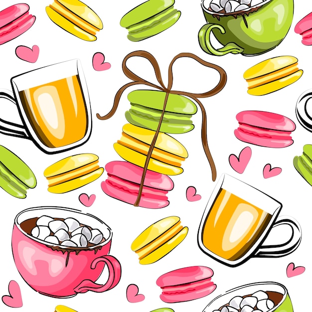 Lekkere kleurrijke zoete macaron en theemok met koffie en marshmallows naadloos patroon