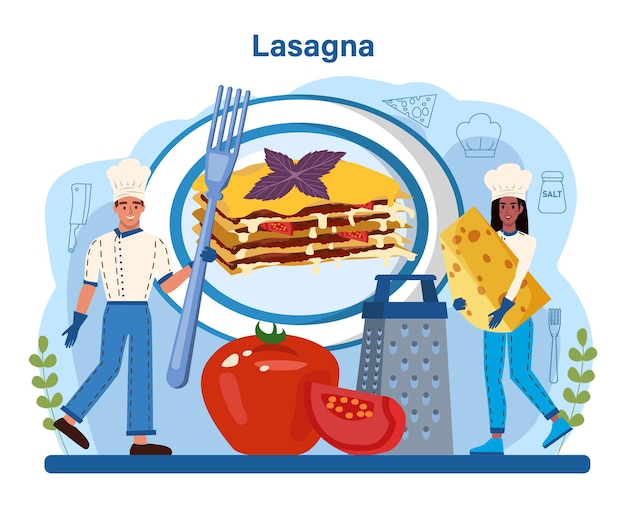 Lekkere lasagne. italiaanse heerlijke gerechten op de plaat. mensen koken kaas en vleesmaaltijd voor diner of lunch. geïsoleerde platte vectorillustratie