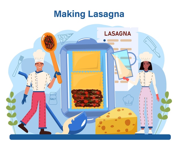 Lekkere lasagne italiaanse heerlijke keuken op de plaat mensen koken