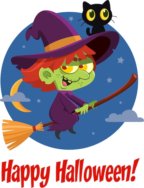 Lelijke Halloween Heks cartoon personage vliegen op een bezemstok en de zwarte kat in de hoed