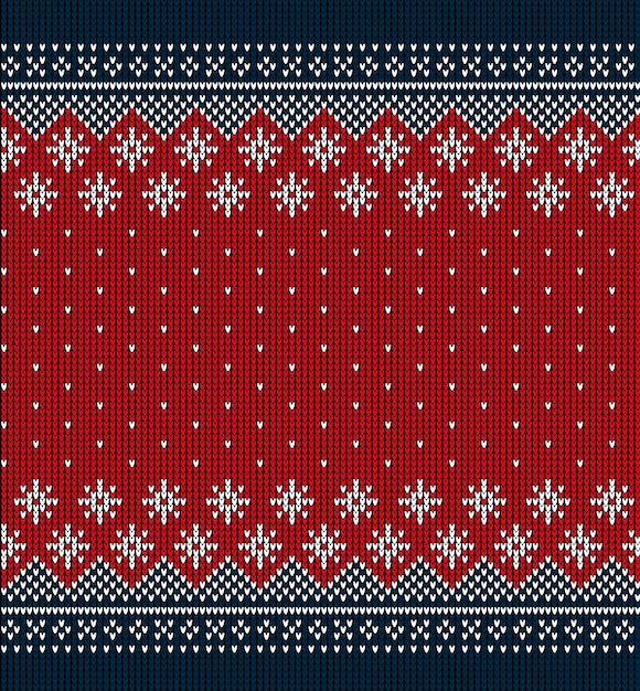 Vector lelijke trui bij buffalo plaid prettige kerstdagen en gelukkig nieuwjaar wenskaart frame grens illustratie gebreide achtergrond naadloze patroon met folk stijl scandinavische ornamenten