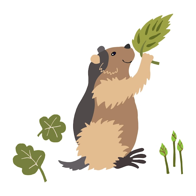 Lemming platte hand getekende illustratie schattig knaagdier op een botanische achtergrond wild bos vector