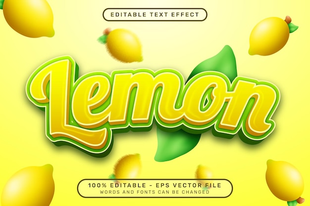 レモン 3D テキスト効果と、レモンと葉のイラストを使用した編集可能なテキスト効果