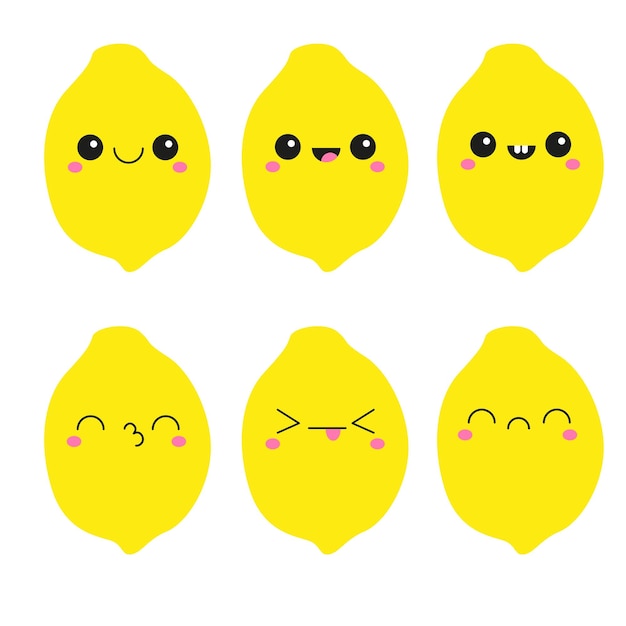 Lemon cartoon set with kawai smiling emoji Vector illustration of cute cartoon character fruit