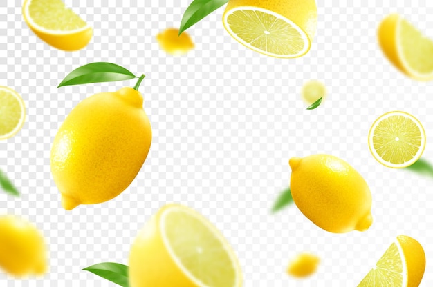 Sfondo di agrumi al limone limone volante con foglia verde su sfondo trasparente limone che cade da diverse angolazioni frutti concentrati e sfocati illustrazione vettoriale 3d realistica