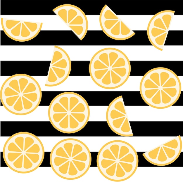Lemon citrus vector fun seamless pattern on a black and white striped background