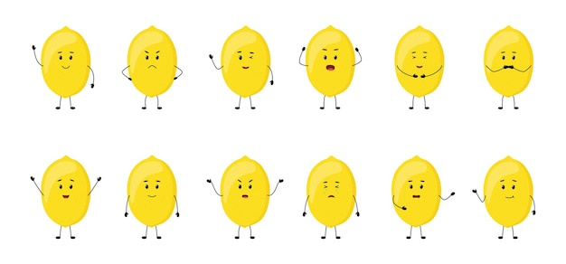 Lemon cute fruit characters with different emotions vector illustration