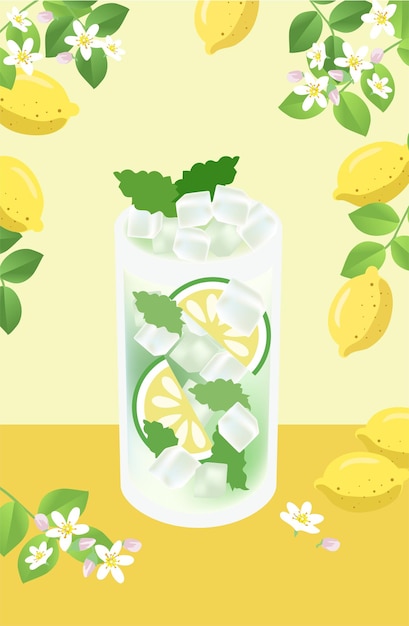 ベクトル ジャスミンの花とレモンの枝を持つレモンドリンク広告ポスターデザインバナー