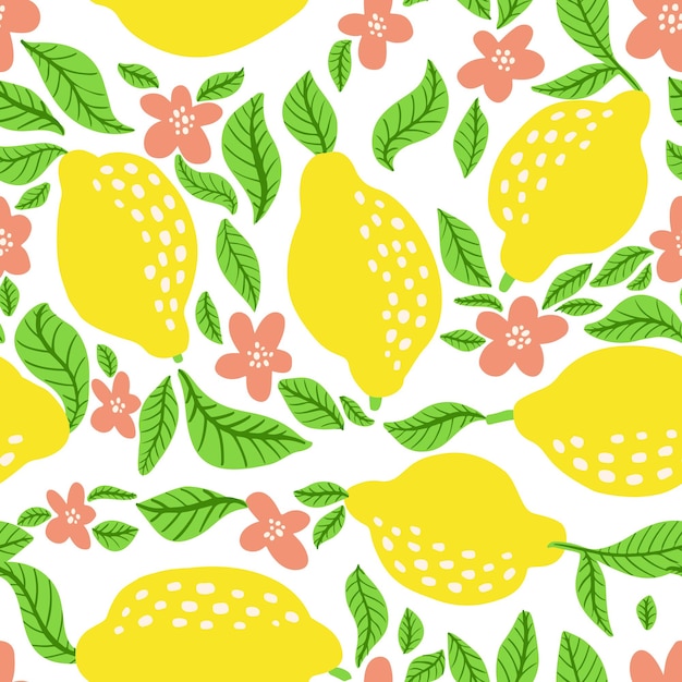 레몬 과일 패턴입니다. 레몬, 잎, 꽃과 함께 매끄러운 여름 감귤류 패턴입니다. 밝은 색상의 열대 추상 인쇄. 벡터 일러스트 레이 션. 직물 또는 벽지를 위한 벡터 밝은 인쇄.