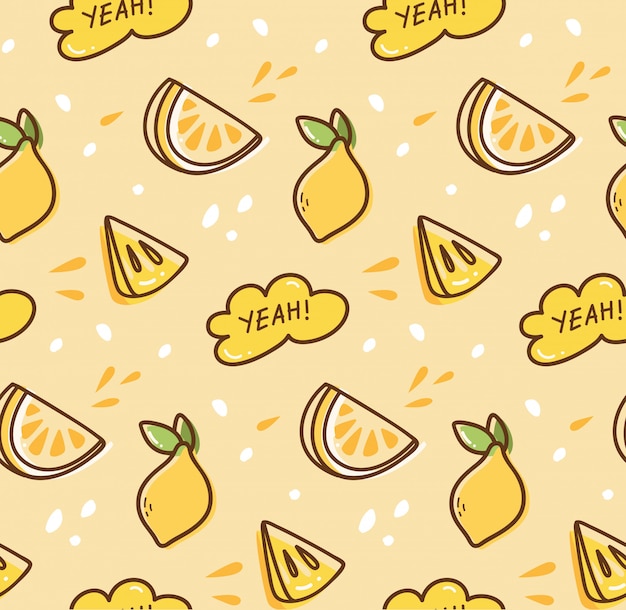 Vector lemon fruit seamless background in kawaii style