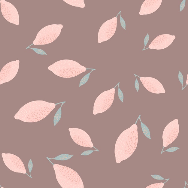 간단한 스타일에 레몬 과일 원활한 낙서 패턴입니다. 손으로 그린 핑크 과일 배경입니다. 재고 그림입니다. 섬유, 직물, 선물 포장, 월페이퍼에 대한 벡터 디자인.